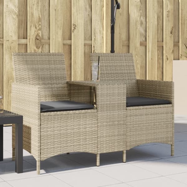 vidaXL 2-personers havesofa med bord og hynder polyrattan lysegrå