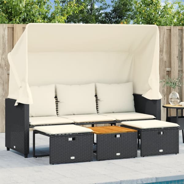 vidaXL 3-personers havesofa med baldakin og skamler polyrattan sort
