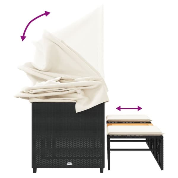 vidaXL 3-personers havesofa med baldakin og skamler polyrattan sort