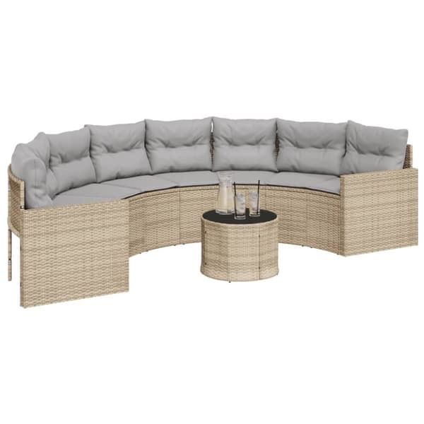 vidaXL Trädgårdssoffa med bord och dynor halvrund beige konstrotting
