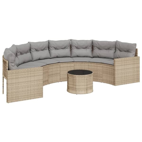 vidaXL Trädgårdssoffa med bord och dynor halvrund beige konstrotting