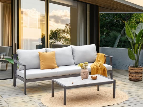 3-seters Sofa Aluminium Hagesofa Mørkegrå Aluminiumsramme Lysegrå Vannavvisende Stoffputer