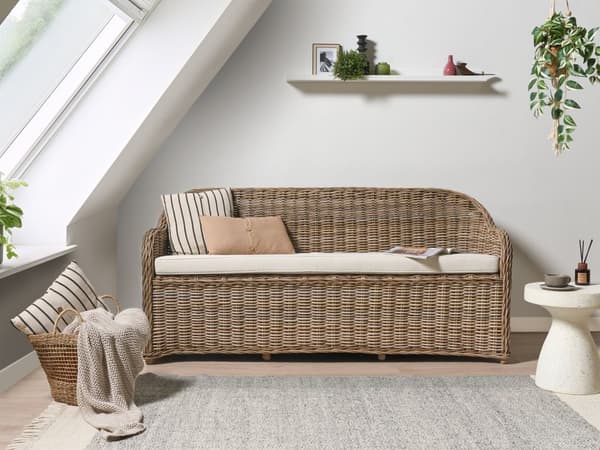 Hagesofa Natur Rotting 3-seter 190 cm Off-white puter Bohemsk stil Innendørs- og utendørsbruk Hagemøbler
