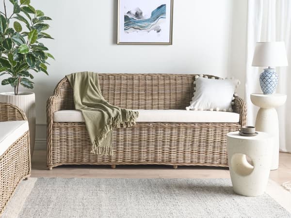 Hagesofa Natur Rotting 3-seter 190 cm Off-white puter Bohemsk stil Innendørs- og utendørsbruk Hagemøbler