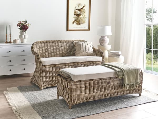Hagesofa Natur Rotting 2,5-seter Off-white puter Fotskammel Bohemsk stil Innendørs- og utendørsbruk Hagemøbler