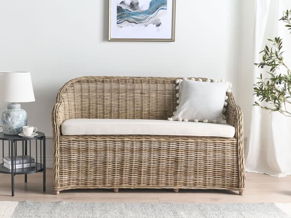 Trädgårdssoffa 2,5-sits Naturrotting Vit Off-White Dynor 150 cm Utomhus Inomhus Boho Stil Trädgård Terrass Balkong