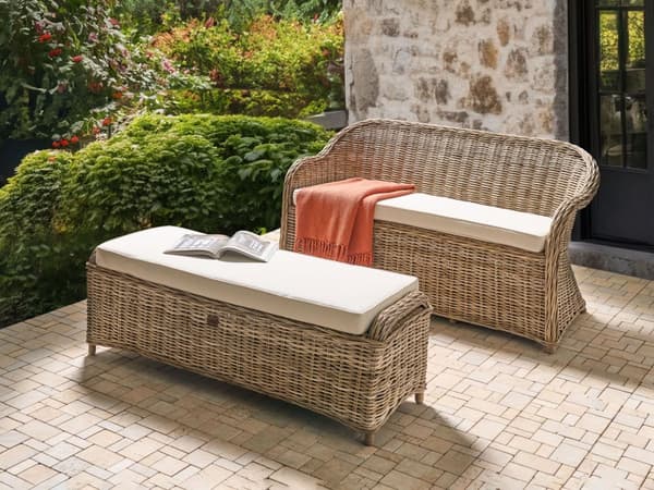 Havesofa Natur Rattan 2,5-personers Off-white hynder Fodskammel Boheme-stil Indendørs og udendørs Havemøbler