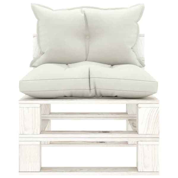 Pallsoffa mittensektion med beige dynor trä