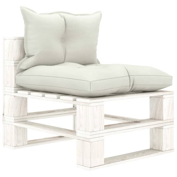Pallsoffa mittensektion med beige dynor trä