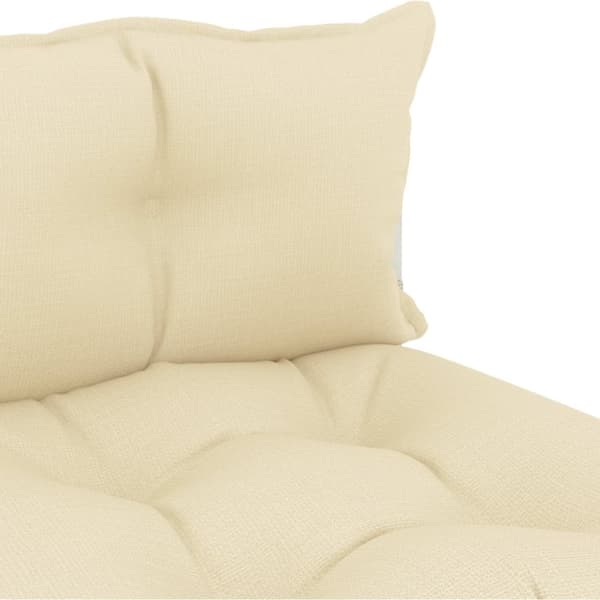 Pallsoffa mittensektion med gräddvita dynor trä