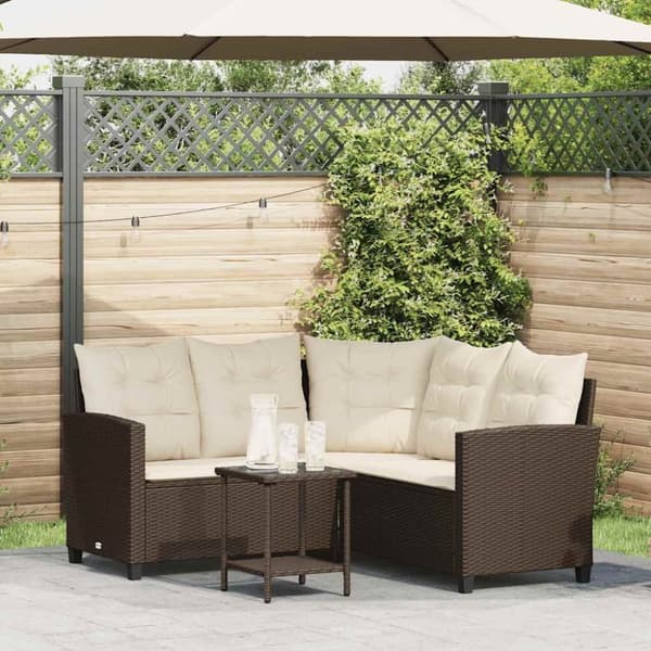 vidaXL havesofa med bord og hynder L-formet polyrattan brun