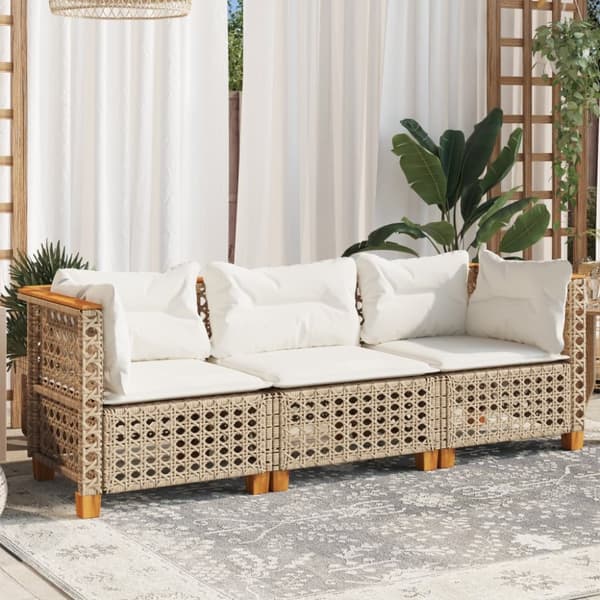 Trädgårdssoffa 3-sits med dynor konstrotting beige