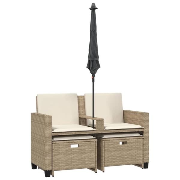 Trädgårdssoffa 2-sits med parasoll&pallar beige konstrotting