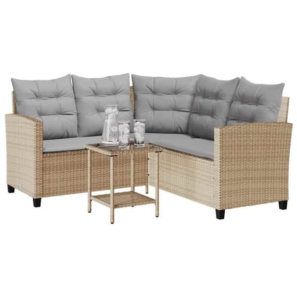 Trädgårdssoffa med bord och kuddar L-formad beige konstrotting