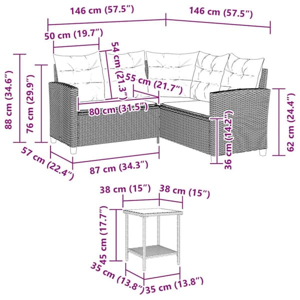 Trädgårdssoffa med bord och kuddar L-formad beige konstrotting