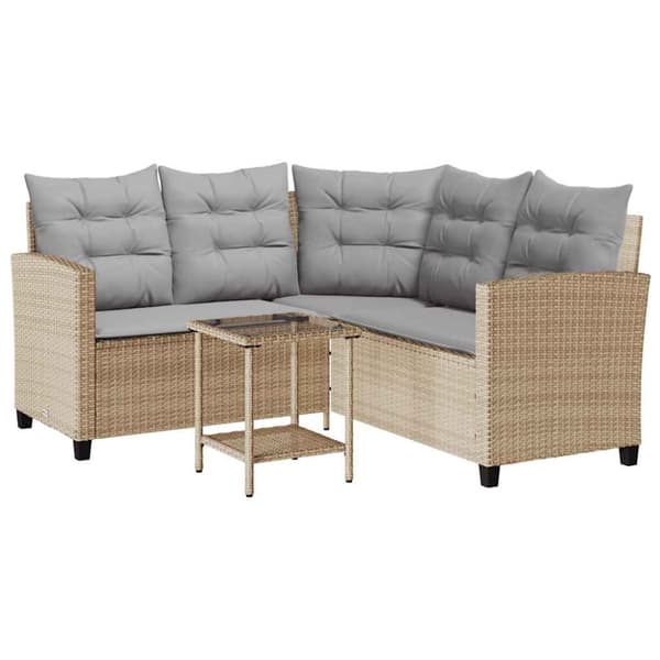 Trädgårdssoffa med bord och kuddar L-formad beige konstrotting