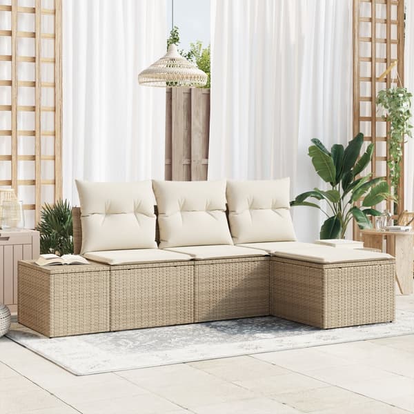 4 Delars Trädgårdsoffset med Kuddar Beige Poly Rattan