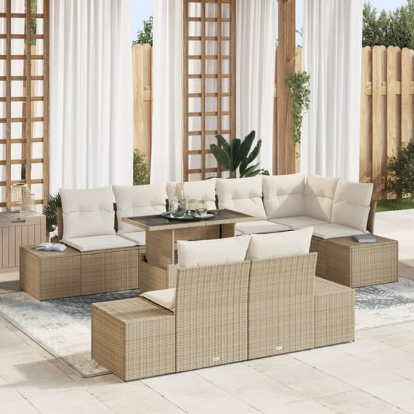 9-delars trädgårdsoffset med kuddar Beige Poly Rattan