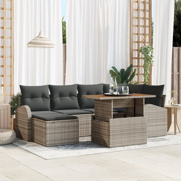 7 Delars Trädgårds Dining Set med Kuddar Grå Poly Rattan Akacia