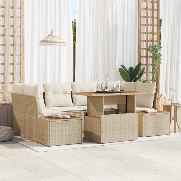 7-delad trädgårdsmatmöbel med kuddar Beige Poly Rattan Akacia