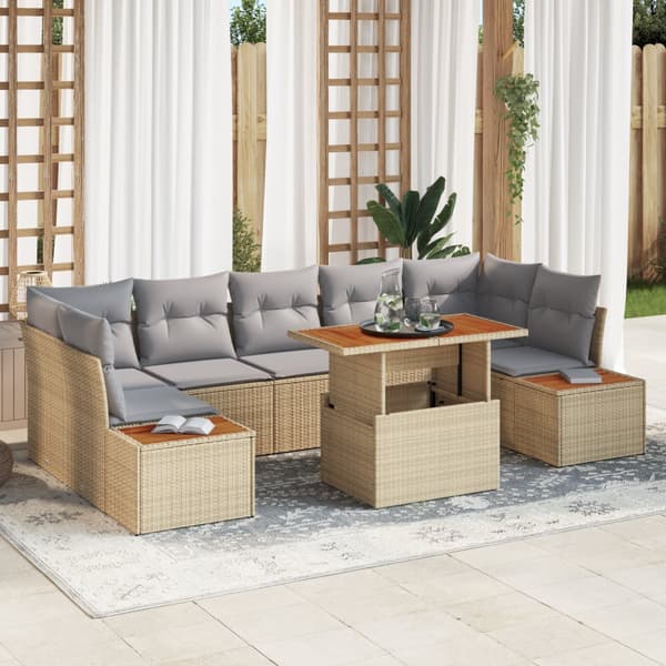 8 Delars Trädgårdsmatmöbelset med Kuddar Beige Poly Rattan Akacia