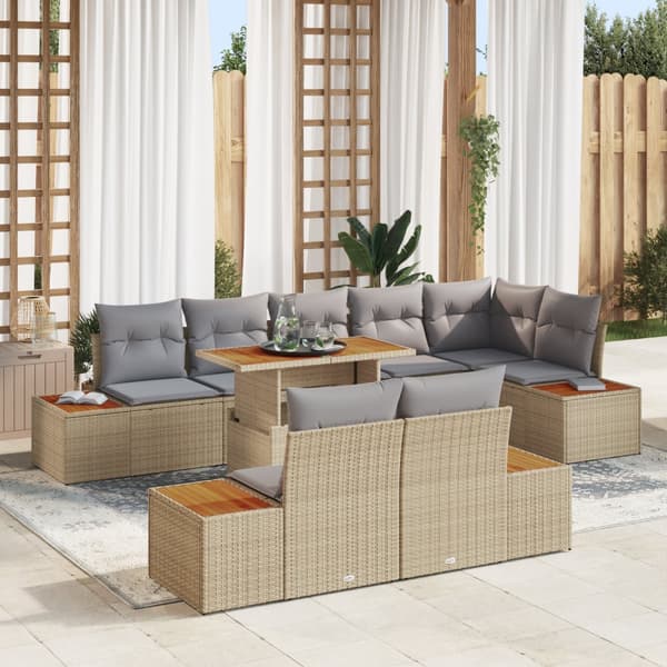 9-delars trädgårdsbord med kuddar Beige Poly Rattan Akacia