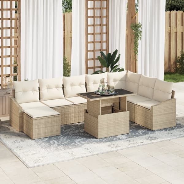 9-delars trädgårdssoffset med kuddar Beige Poly Rattan