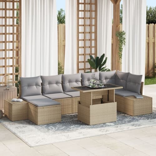 8-delars trädgårdsoffaset med kuddar Beige Poly Rattan