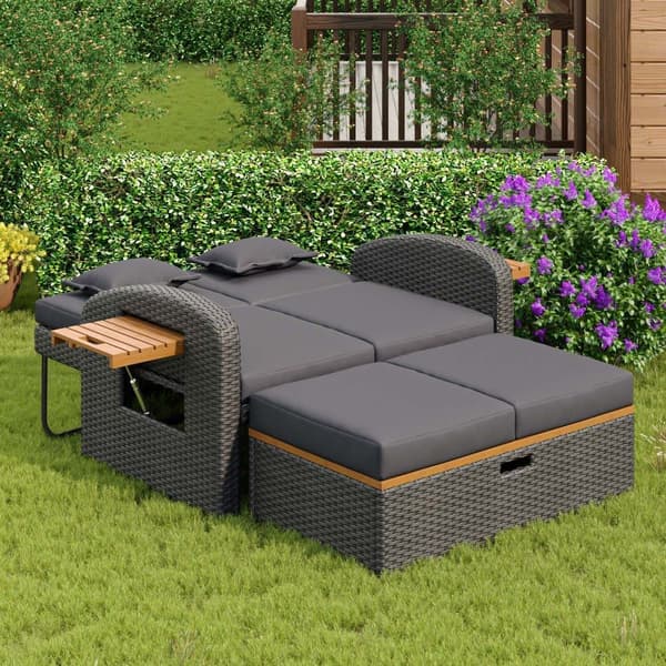 Havemøbler med justerbart ryglæn - PE Rattan Lounge Sofa - med 2 akacie sideborde + fodstøtter med opbevaringsplads - grå og natur