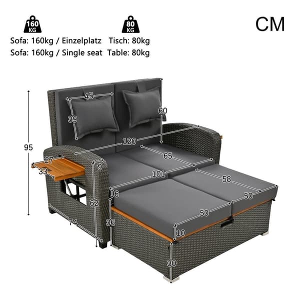 Havemøbler med justerbart ryglæn - PE Rattan Lounge Sofa - med 2 akacie sideborde + fodstøtter med opbevaringsplads - grå og natur