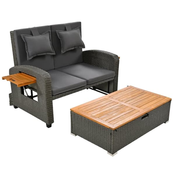 Havemøbler med justerbart ryglæn - PE Rattan Lounge Sofa - med 2 akacie sideborde + fodstøtter med opbevaringsplads - grå og natur