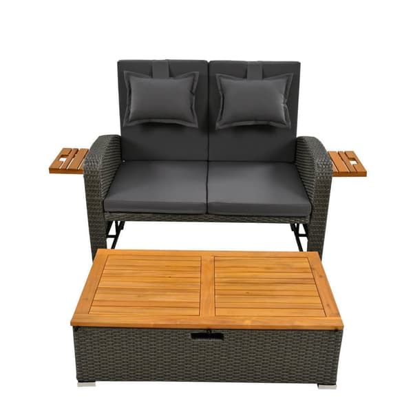 Havemøbler med justerbart ryglæn - PE Rattan Lounge Sofa - med 2 akacie sideborde + fodstøtter med opbevaringsplads - grå og natur