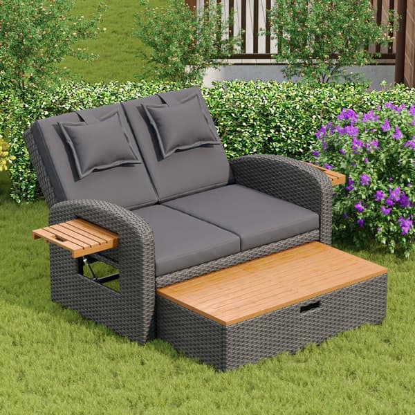 Havemøbler med justerbart ryglæn - PE Rattan Lounge Sofa - med 2 akacie sideborde + fodstøtter med opbevaringsplads - grå og natur