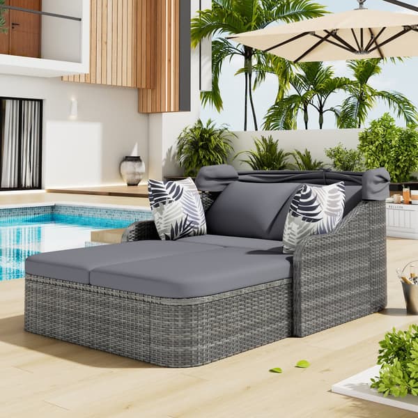 Havemøbler til 2 personer - PE rattan loungesofa med 4 hynder og justerbar baldakin - grå
