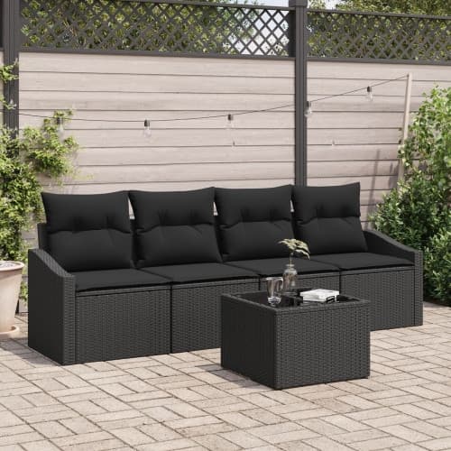 5-delat trädgårdsoffor set med kuddar svart poly rattan