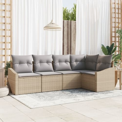 5-delad Trädgårdsoffasett med kuddar beige polyrotting