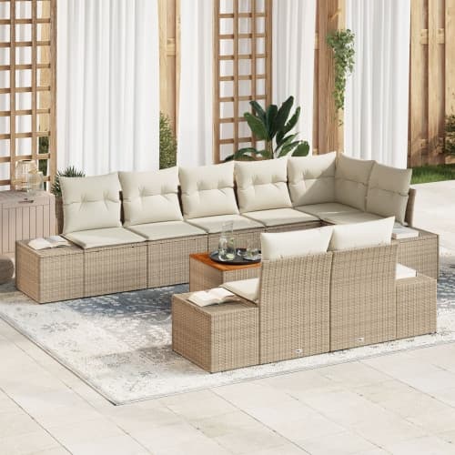 9-delars trädgårdsoffset med kuddar Beige Poly Rattan Akacia
