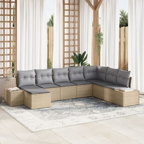 8-delars trädgårdsoff-set med kuddar - beige poly-rattan