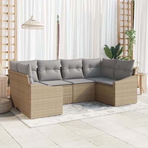6-delat trädgårdsoffset med kuddar beige poly rotting