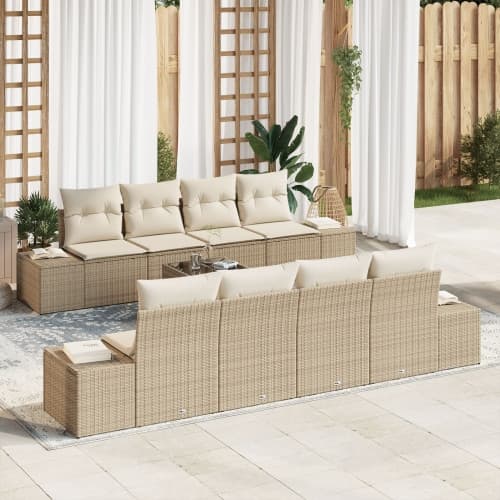 9-delars trädgårdsoffasett med kuddar beige poly rattan