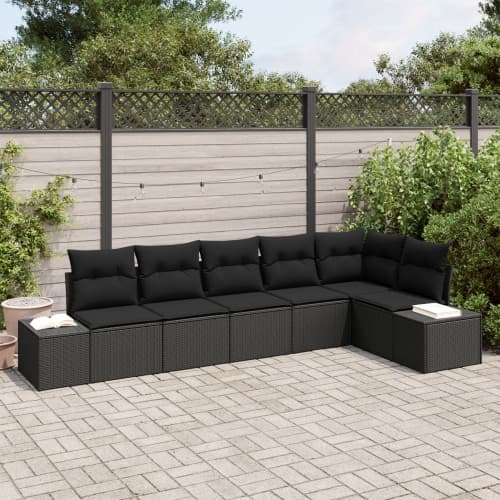 6-delat trädgårdsofaset med dynor svart poly rattan