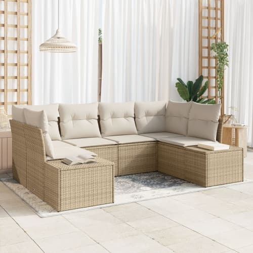 6-delad Trädgårdsoffagrupp med Kuddar Beige Poly Rattan