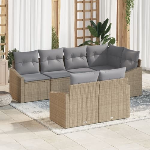 7-delat trädgårdsoffaset med kuddar Beige Poly Rattan