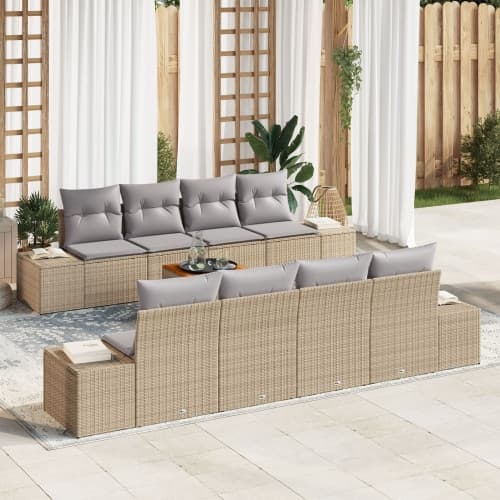 9-delad trädgårdsoffset med kuddar beige poly rattan akacia