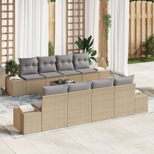 9-delat trädgårdsoffaset med kuddar beige poly rattan