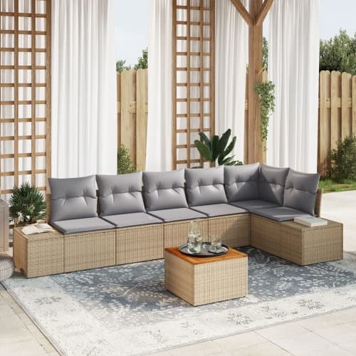 7-delat trädgårdssoffa-set med kuddar beige poly rattan akacia
