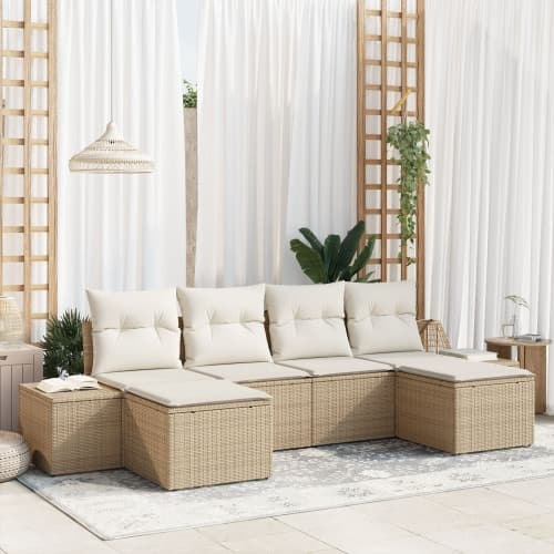 6-delars Trädgårdssoffgrupp med kuddar Beige Poly Rattan