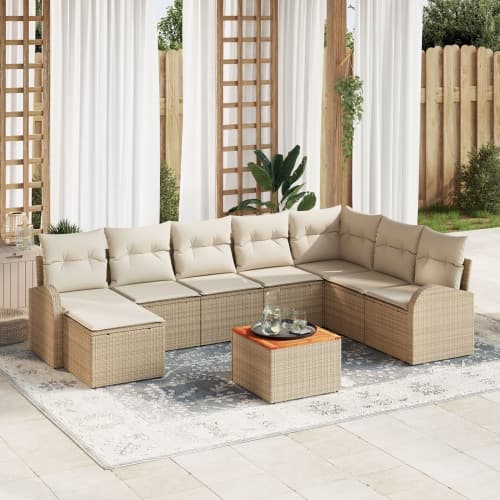 9-delad Trädgårdssoffa med Kuddar Beige Poly Rattan Akacia