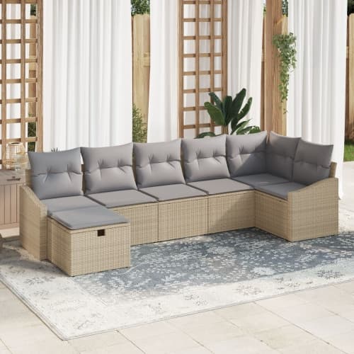 7 Delars Trädgårdsoffagrupp med Kuddar Beige Poly Rattan