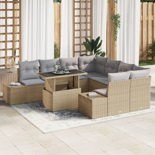 9-delat trädgårdsoff-set med kuddar i beige poly rattan